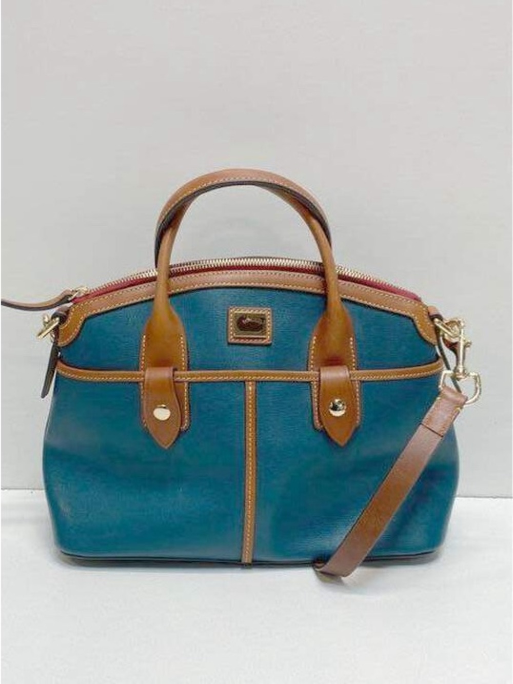 Dooney & Bourke Teal Canvas Leather Satchel with Brown Trim and Gold Hardware